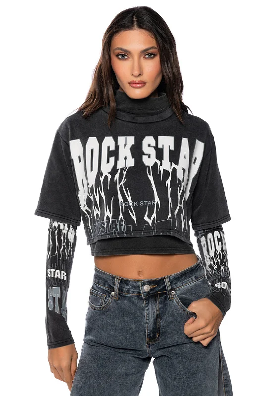 ROCK STAR GRAPHIC LAYERED TURTLE NECK TOP