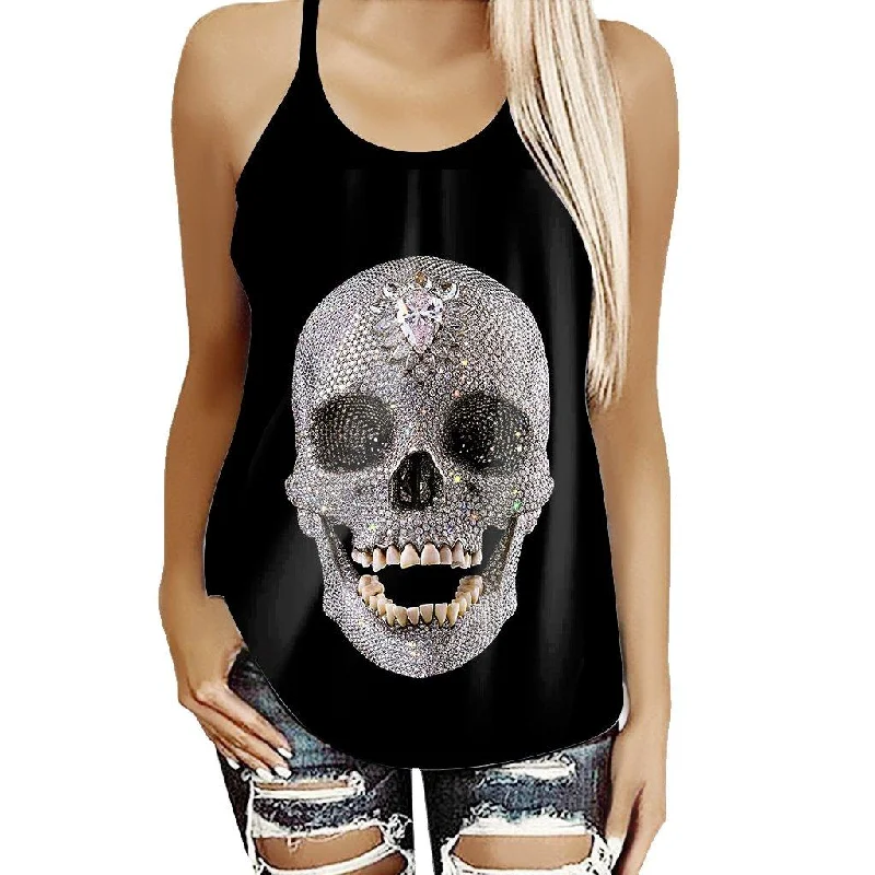 Gearhumans 3D Diamond Skull Bling Shiny Sparkle Skull Diamond Custom Cross Tank Top