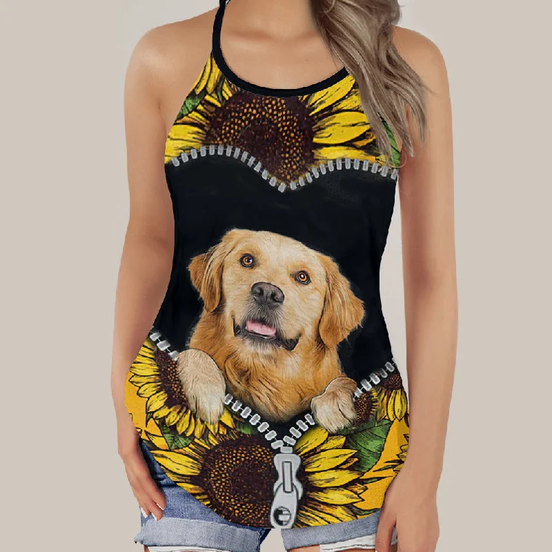 Gearhumans 3D Golden Retriever Sunflower Custom Cross Tank Top