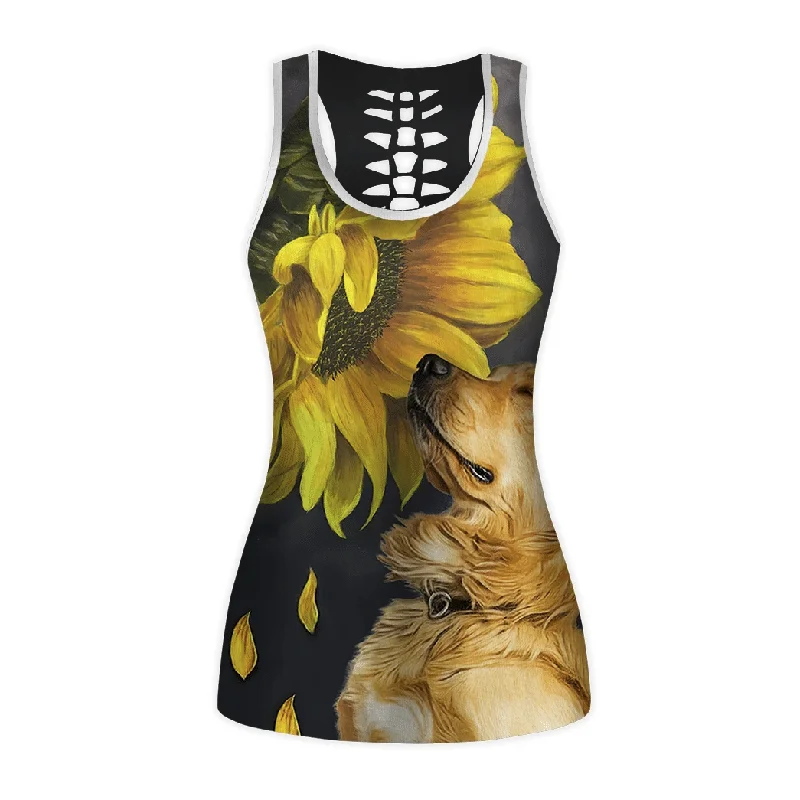 Gearhumans 3D Golden Retriever Sunflower Custom Hollow Tanktop