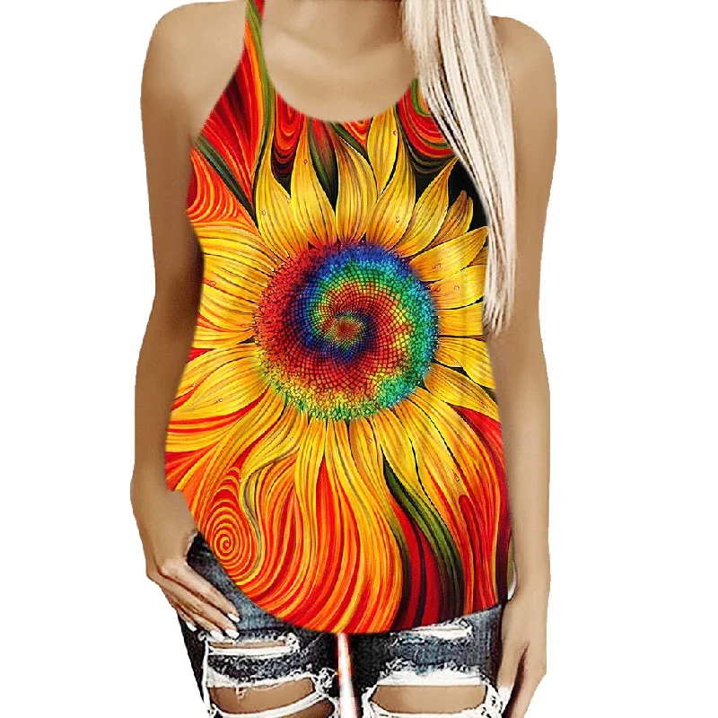 Gearhumans 3D Sunflower Hippie Vibe Custom Cross Tank Top