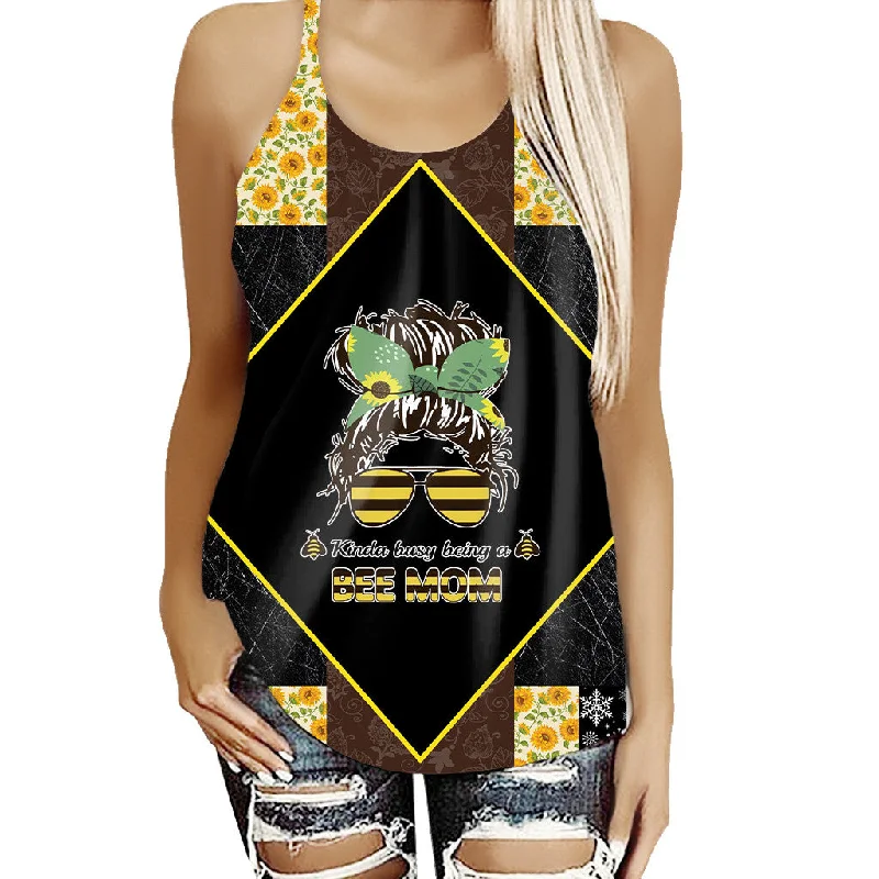 Gearhumans 3D Sunflowers Bee Mothers Day Custom Criss Cross Tank Top