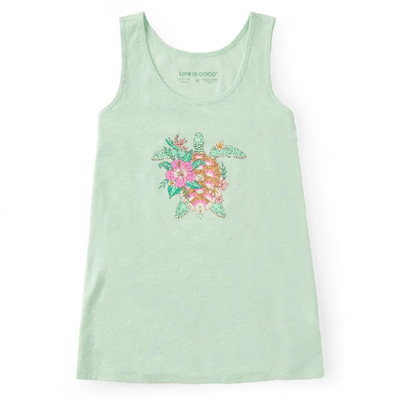 Life is Good. Women's Fine Line Tropical Floral Turtle Textured Slub Tank, Sage Green