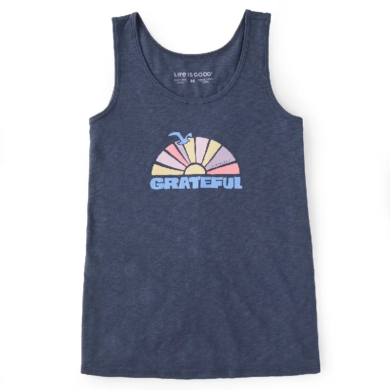 Life is Good. Women's Groovy Grateful Sun Textured Slub Tank, Darkest Blue