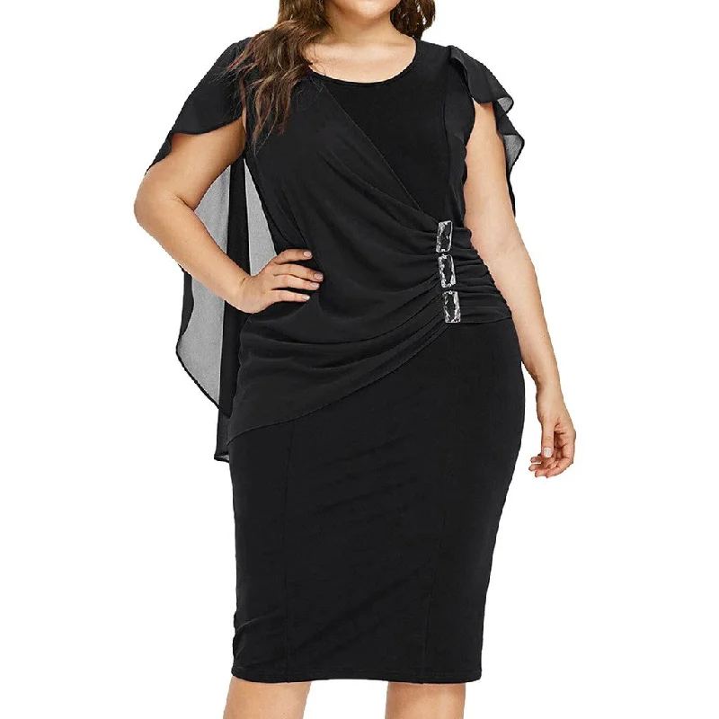 Plus Size 5XL Chiffon Knee Length Fitted Party Dress Women Solid Sleeveless O-Neck Sheath Dress Rhinestone Overlay Vestido z0522