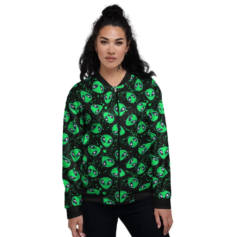 Alien Face Green Print Pattern Women's Bomber Jacket