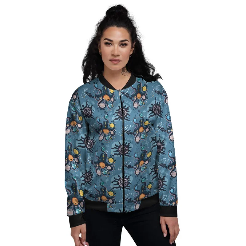 Alien On Planets Print Pattern Women's Bomber Jacket