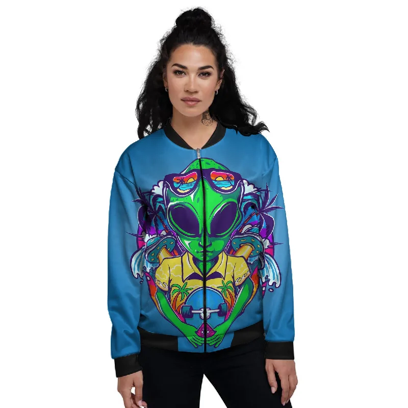 Alien Summer Beach Print Women's Bomber Jacket