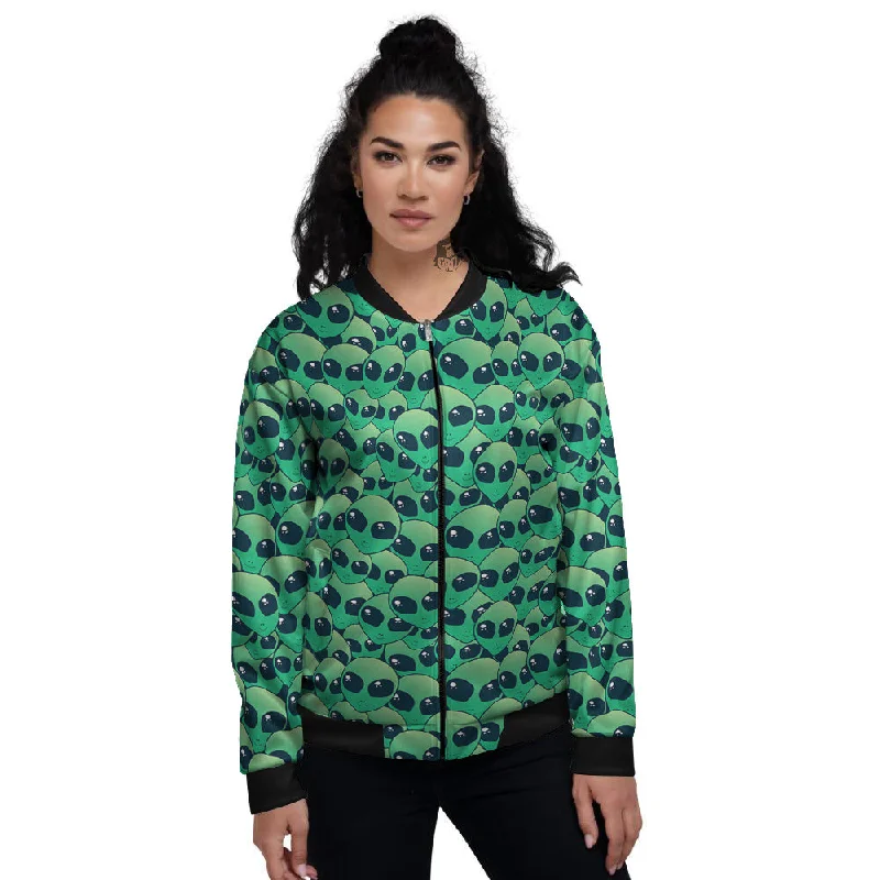 Alien UFO Green Cute Print Women's Bomber Jacket