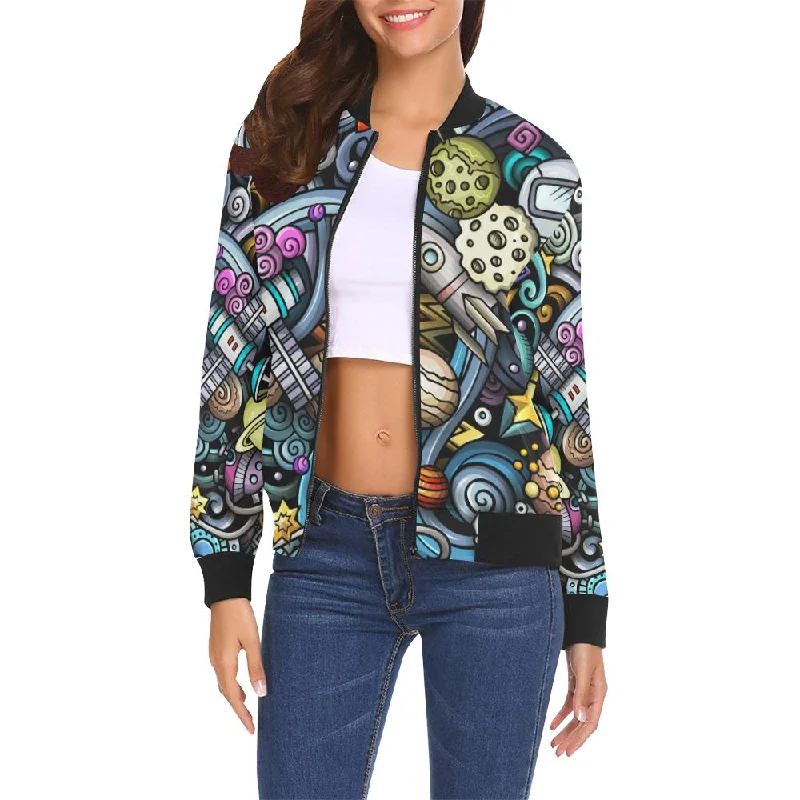 Alien Ufo Psychedelic Pattern Print Women Casual Bomber Jacket