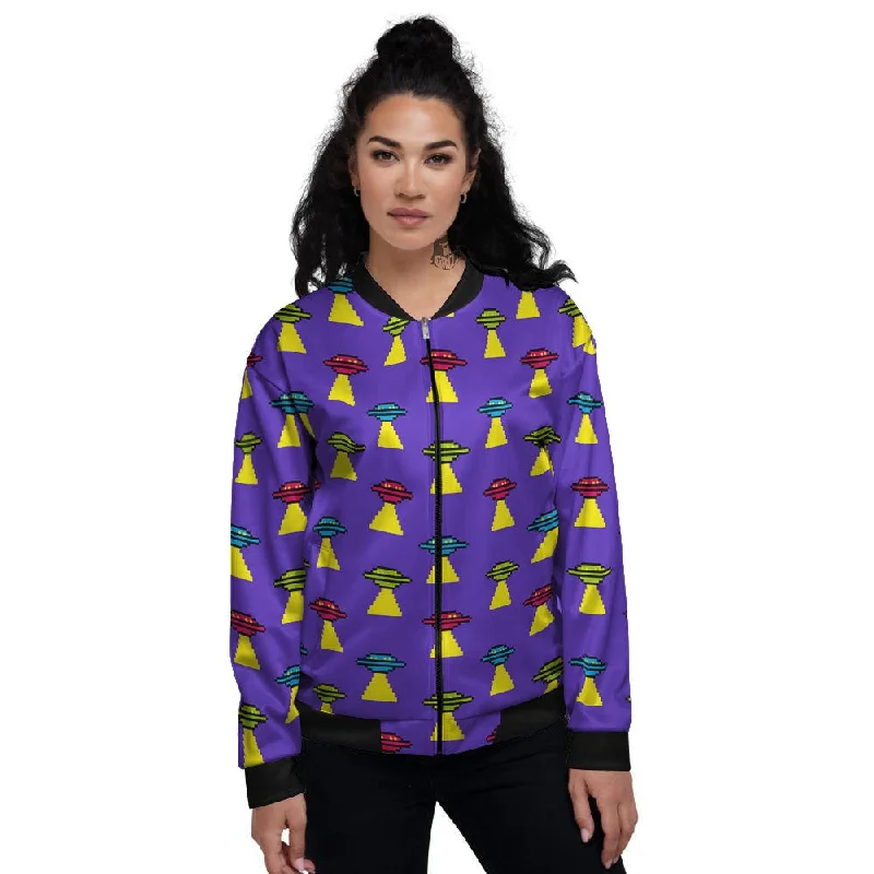 Aliens UFO Pixel Print Pattern Women's Bomber Jacket