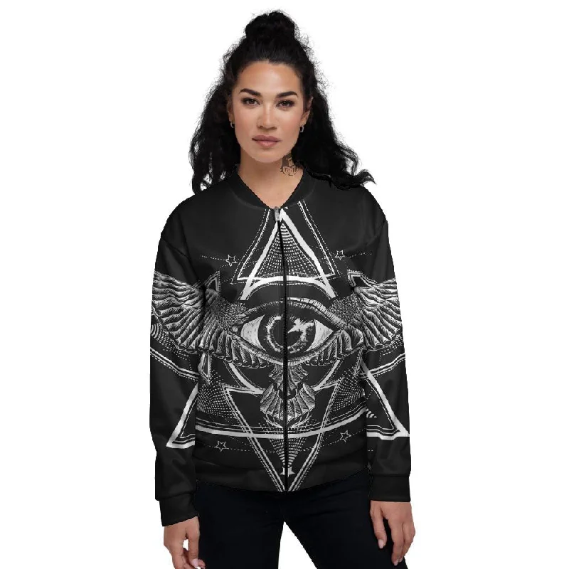 All Seeing Eye Black And Silver Print Women's Bomber Jacket