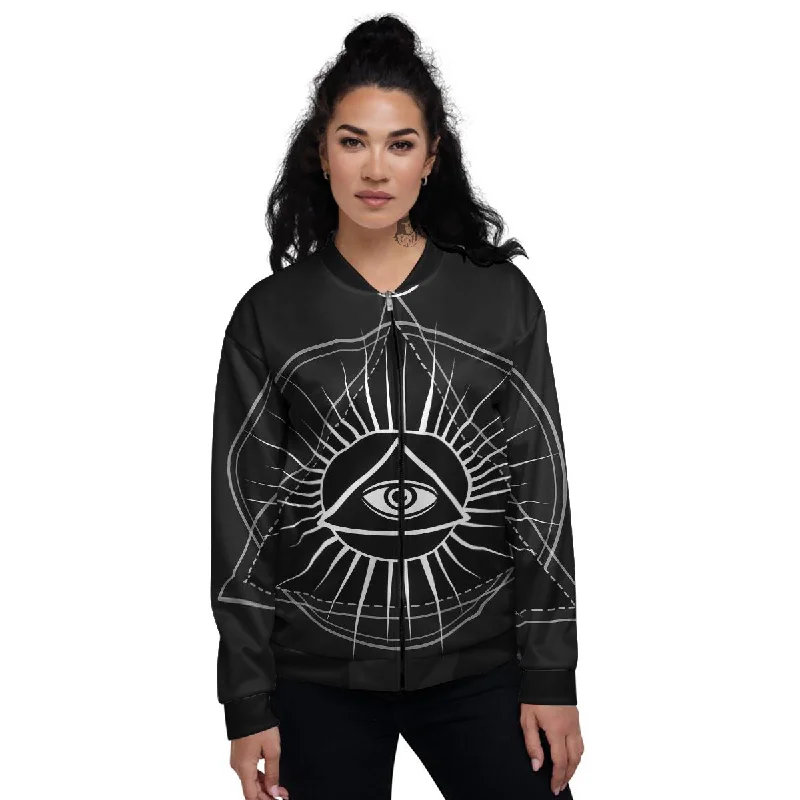 All Seeing Eye White And Black Print Women's Bomber Jacket