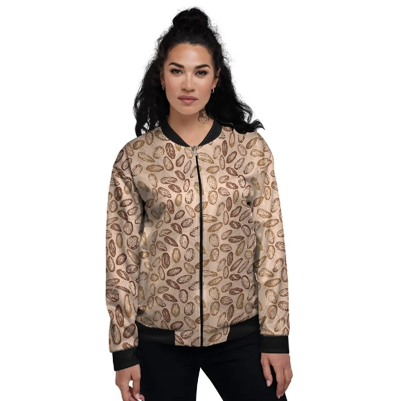 Almond Beige Print Pattern Women's Bomber Jacket