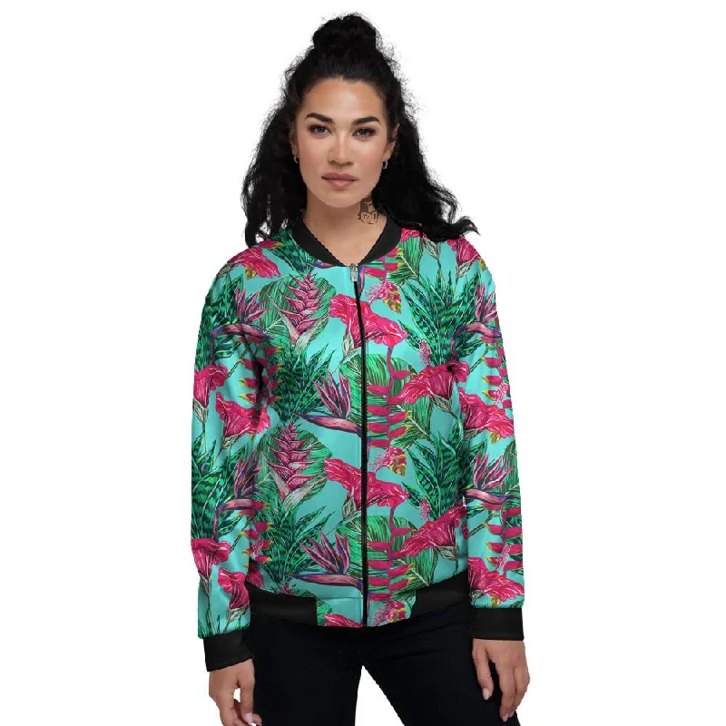 Aloha Hibiscus Hot Teal Pink Print Pattern Women's Bomber Jacket