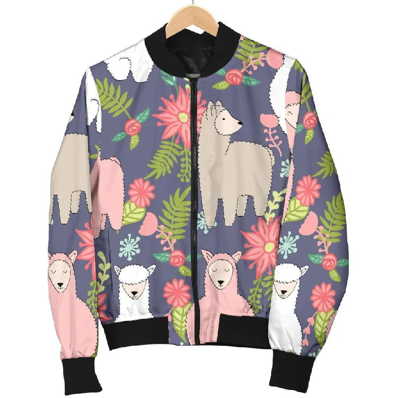 Alpaca Floral Pattern Print Women Casual Bomber Jacket