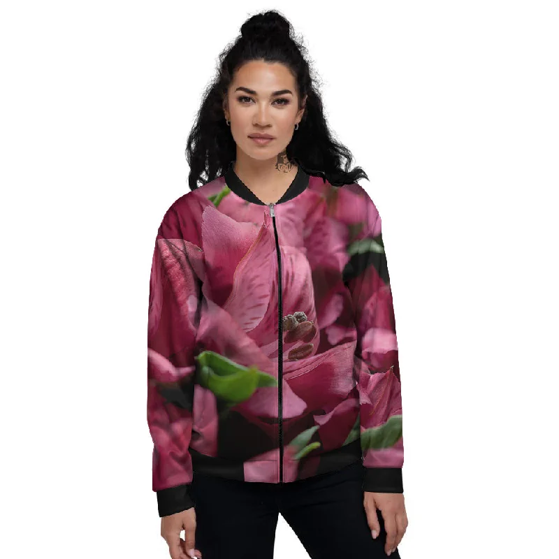 Alstroemeria Burgundy Print Women's Bomber Jacket