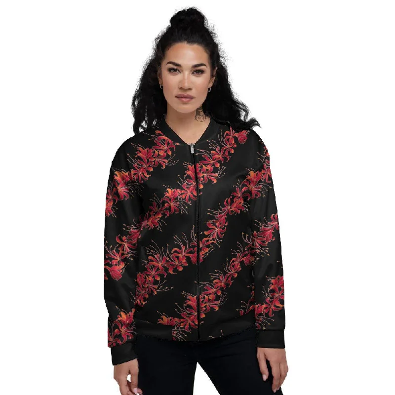 Amaryllis Red Japanese Print Pattern Women's Bomber Jacket