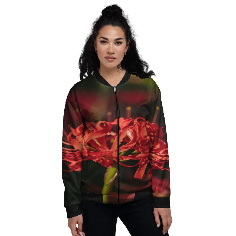 Amaryllis Red Japanese Print Women's Bomber Jacket