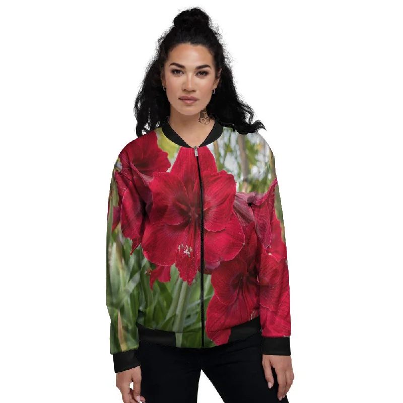 Amaryllis Red Print Women's Bomber Jacket