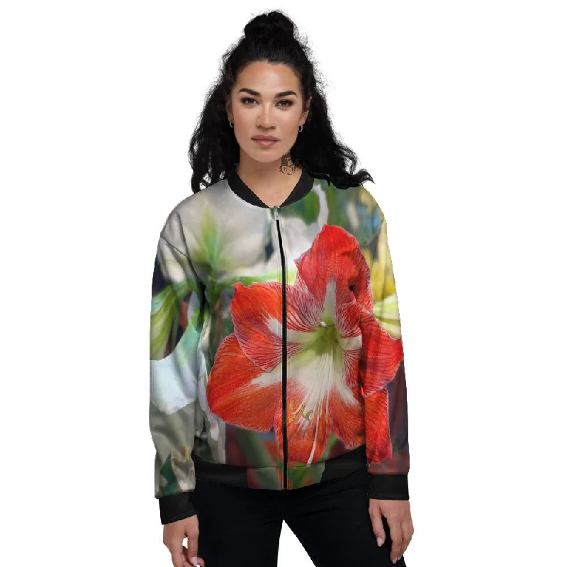 Amaryllis White And Red Print Women's Bomber Jacket