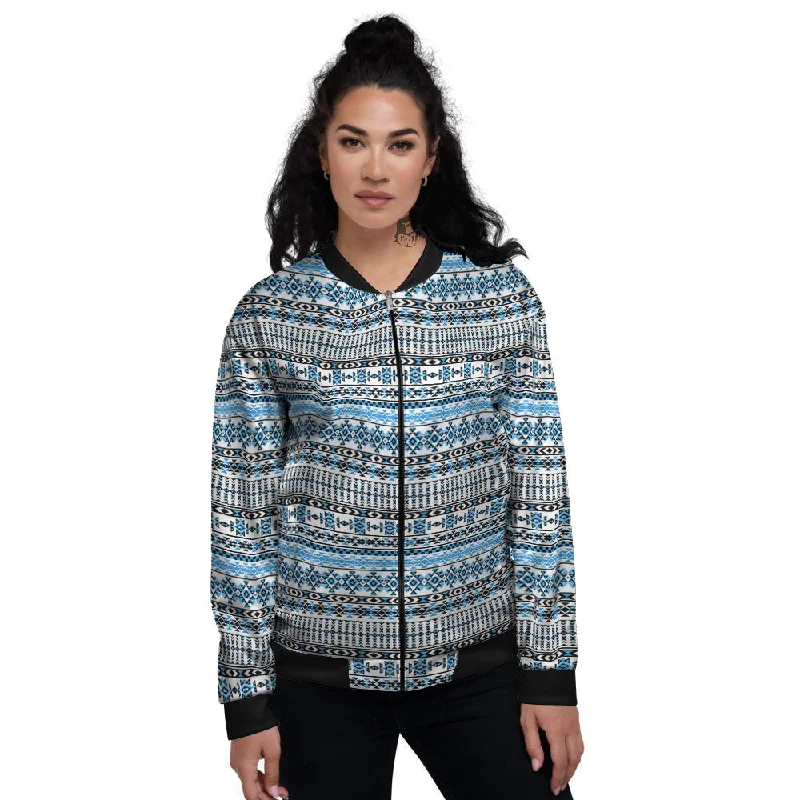 American Aztec Blue Native Print Pattern Women's Bomber Jacket