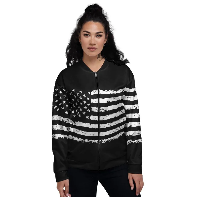 American Flag Black Print Women's Bomber Jacket