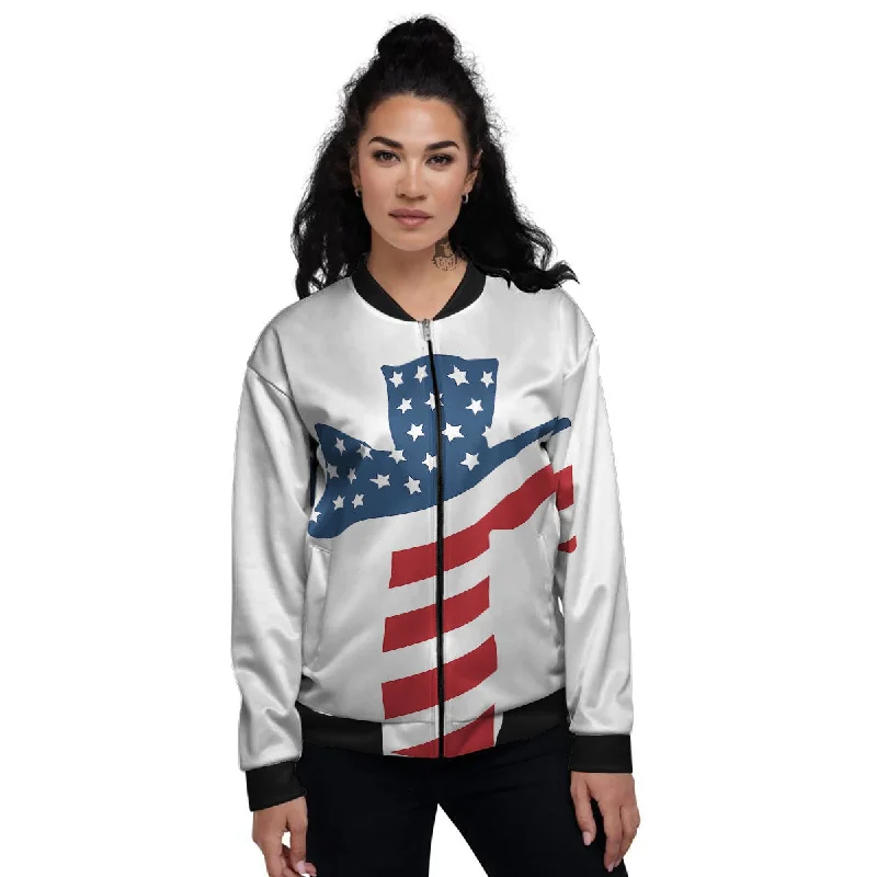 American Flag Christian Cross Print Women's Bomber Jacket