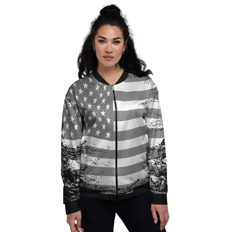 American Flag Grey Grunge Print Women's Bomber Jacket