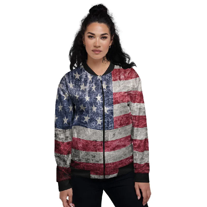 American Flag Grunge Print Women's Bomber Jacket