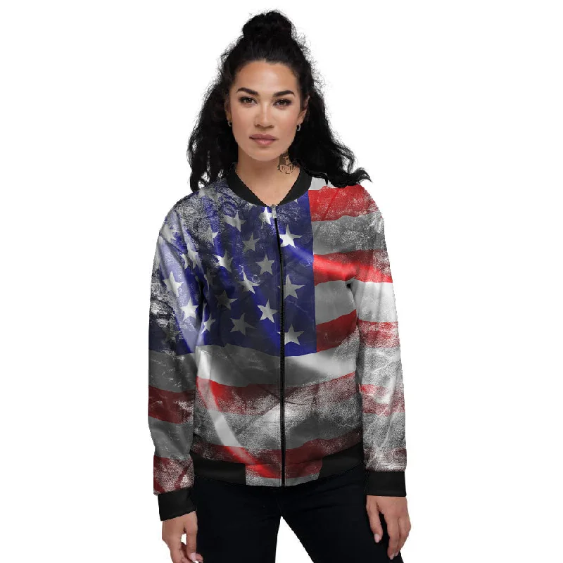 American Flag Grunge Ripped Paper Print Women's Bomber Jacket