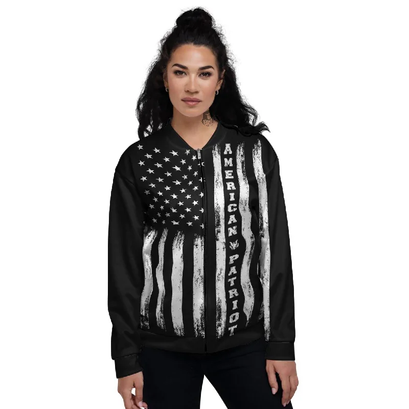 American Flag Grunge White And Black Print Women's Bomber Jacket