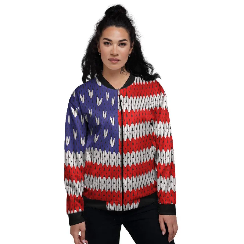 American Flag Knitted Print Women's Bomber Jacket