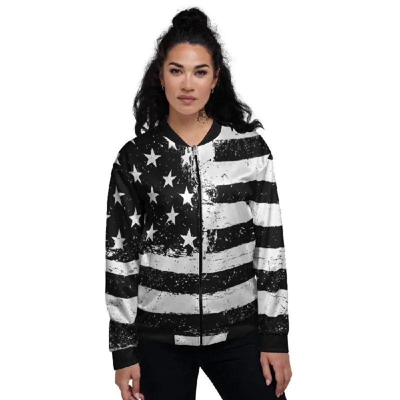 American Flag Monochrome Grunge Print Women's Bomber Jacket