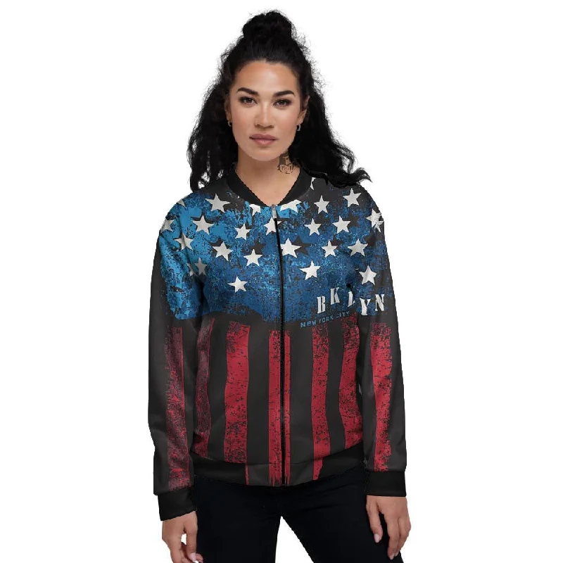 American Flag Vintage Print Women's Bomber Jacket