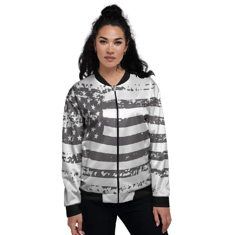 American Flag White And Black Print Women's Bomber Jacket