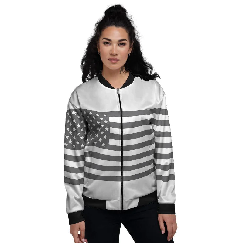 American Flag White And Grey Print Women's Bomber Jacket