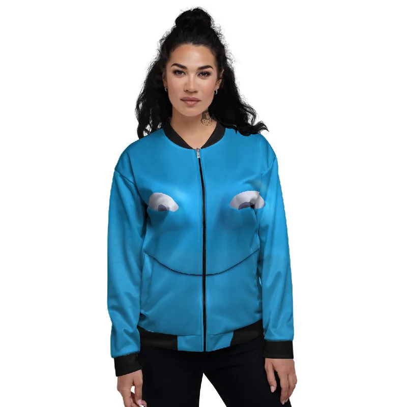 Blue Face Cartoon Emoticon Character Print Women's Bomber Jacket