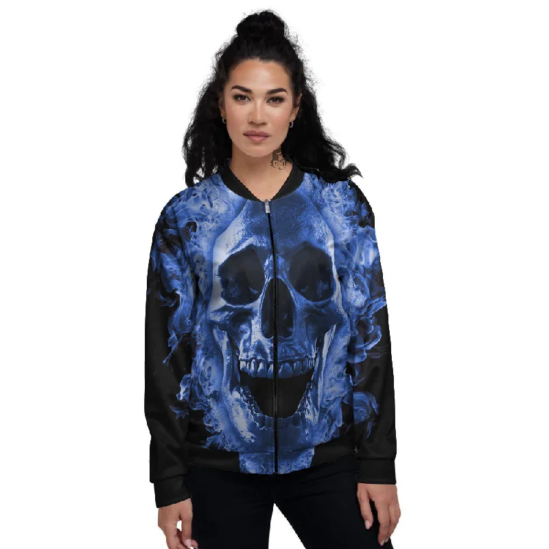 Blue Flaming Skull Print Women's Bomber Jacket