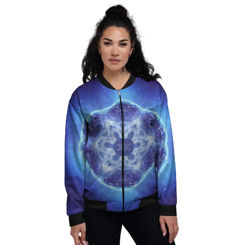 Blue Fractal Kaleidoscope Print Women's Bomber Jacket