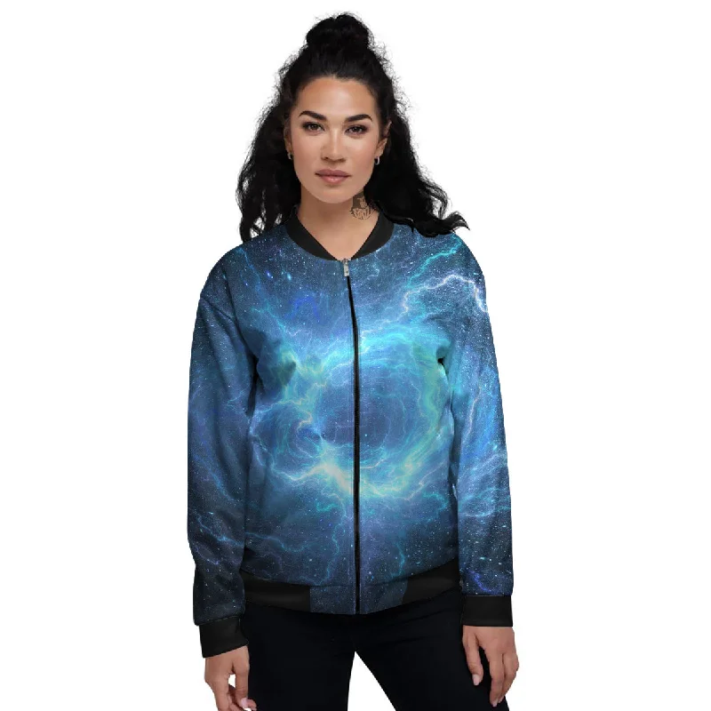 Blue Glowing Giant Lightning In Space Print Women's Bomber Jacket