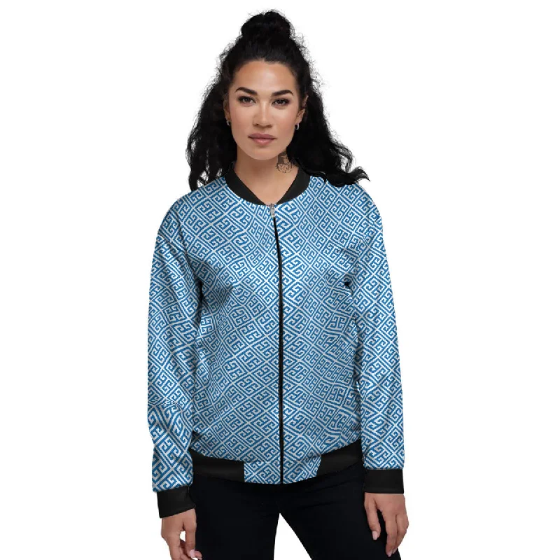 Blue Greek Key Print Pattern Women's Bomber Jacket