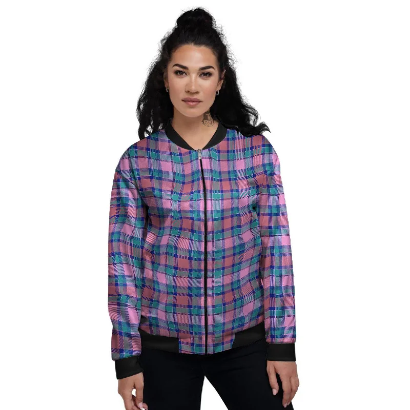 Blue Green And Pink Tartan Print Pattern Women's Bomber Jacket