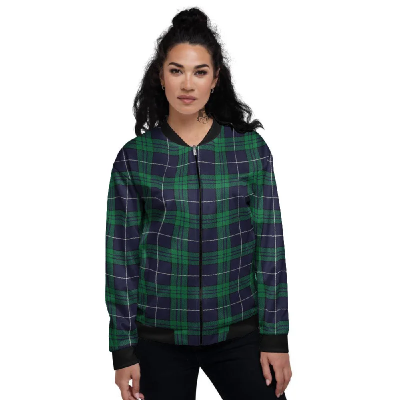 Blue Green And White Tartan Print Women's Bomber Jacket