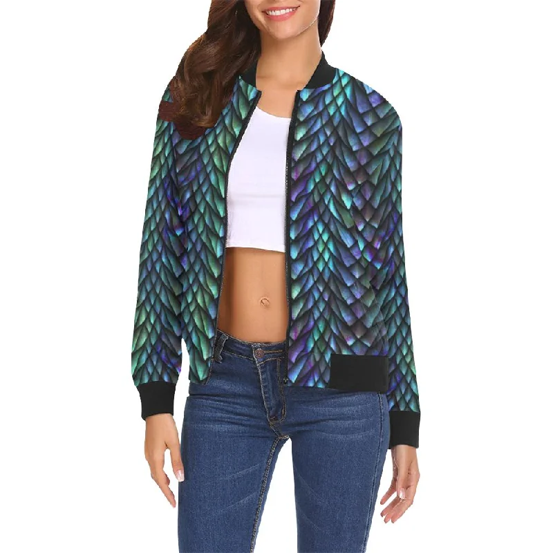 Blue Green Egg Skin Dragon Pattern Print Women Casual Bomber Jacket