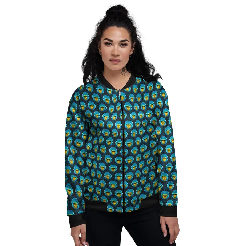 Blue Head Gorilla Geometric Triangle Print Pattern Women's Bomber Jacket