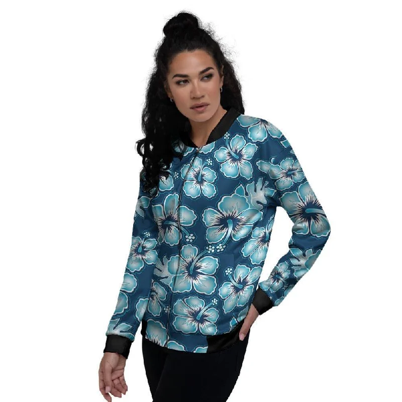 Blue Hibiscus Hawaiian Print Women's Bomber Jacket