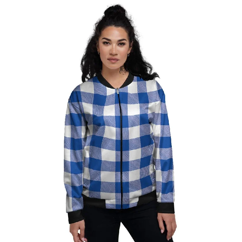 Blue Indigo And White Gingham Print Women's Bomber Jacket