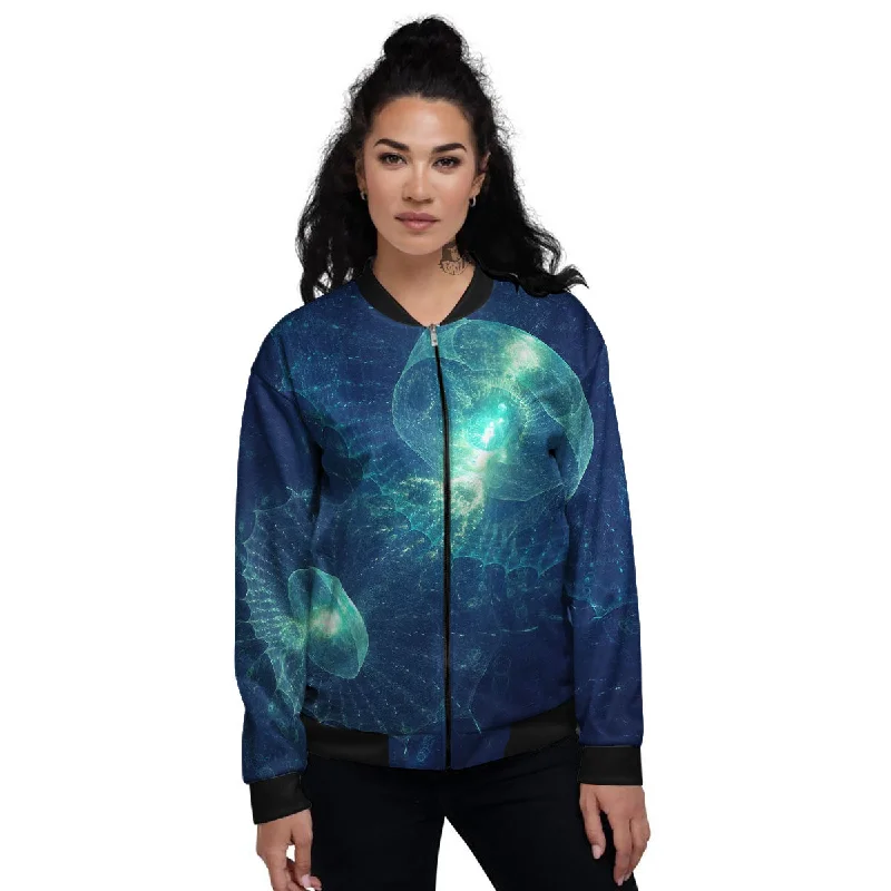 Blue Jellyfish On Deep Sea Print Women's Bomber Jacket