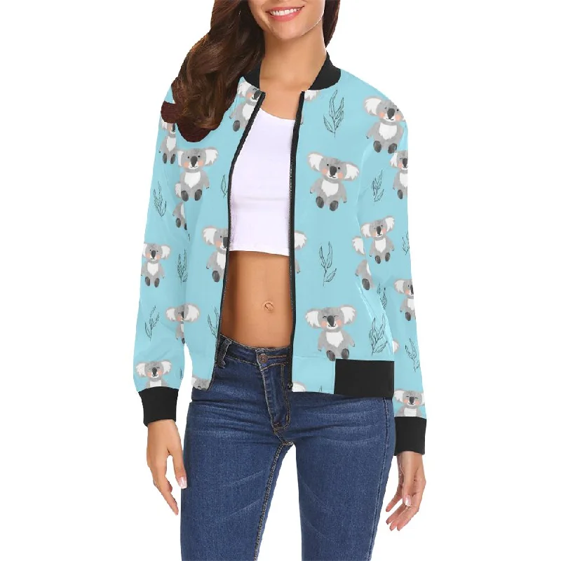 Blue Koala Pattern Print Women Casual Bomber Jacket